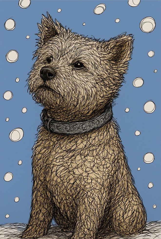 Alfie, illustrated scruffy terrier greeting card